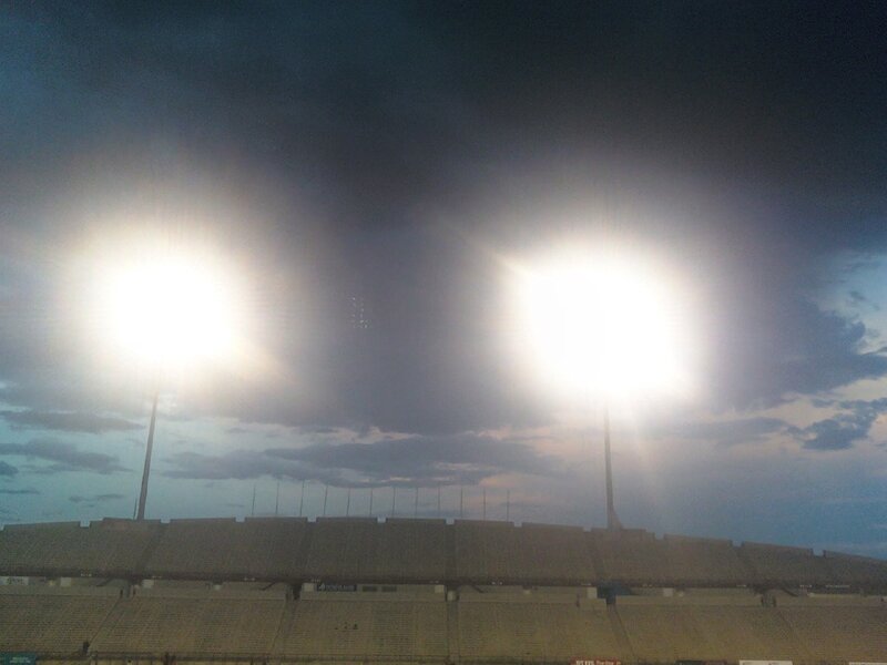 Stadium lights at dusk