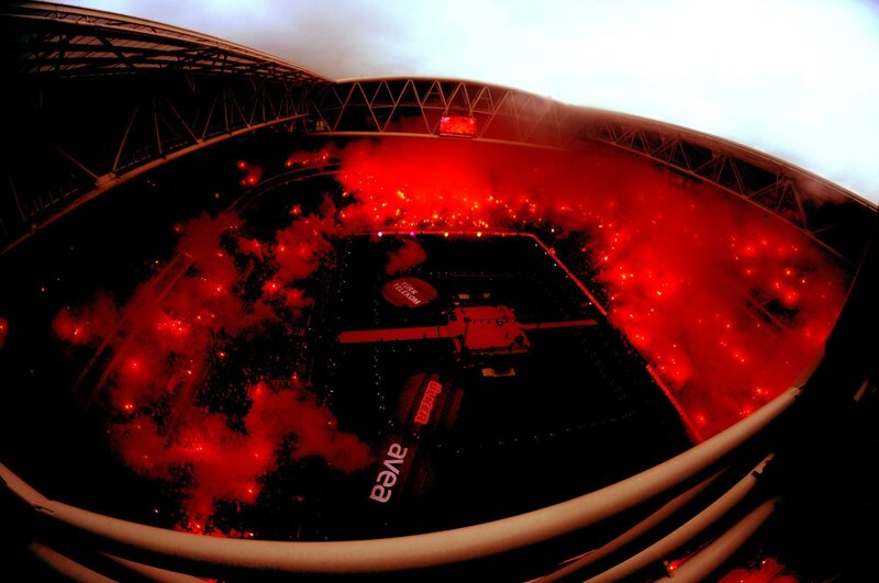 Stadium with Red Flares — Dramatic