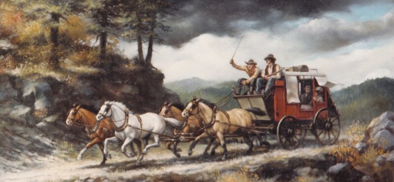 Stagecoach in mountain pass