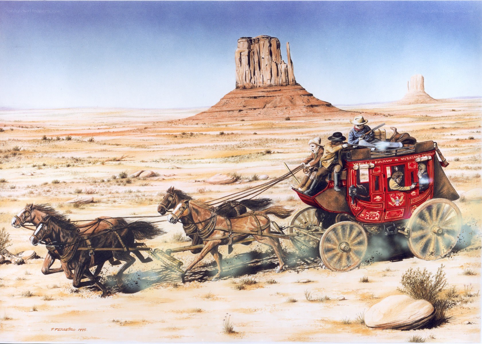 Stagecoach under attack in desert