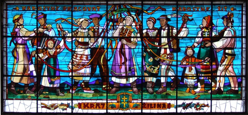 Stained glass depicting folk dancers