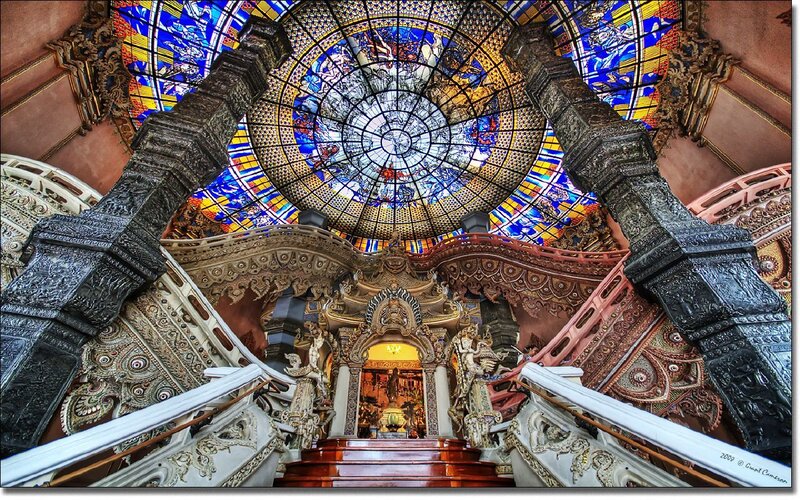 Stained glass dome in ornate temple