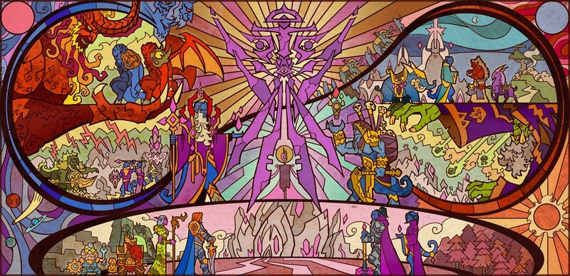 Stained glass fantasy battle scene