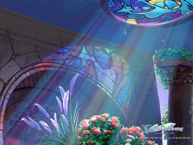 Stained glass light in a stone hall