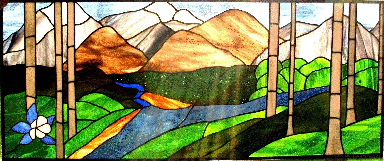 stained glass mountain landscape