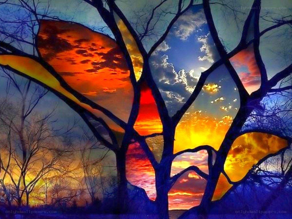 stained glass tree sunset