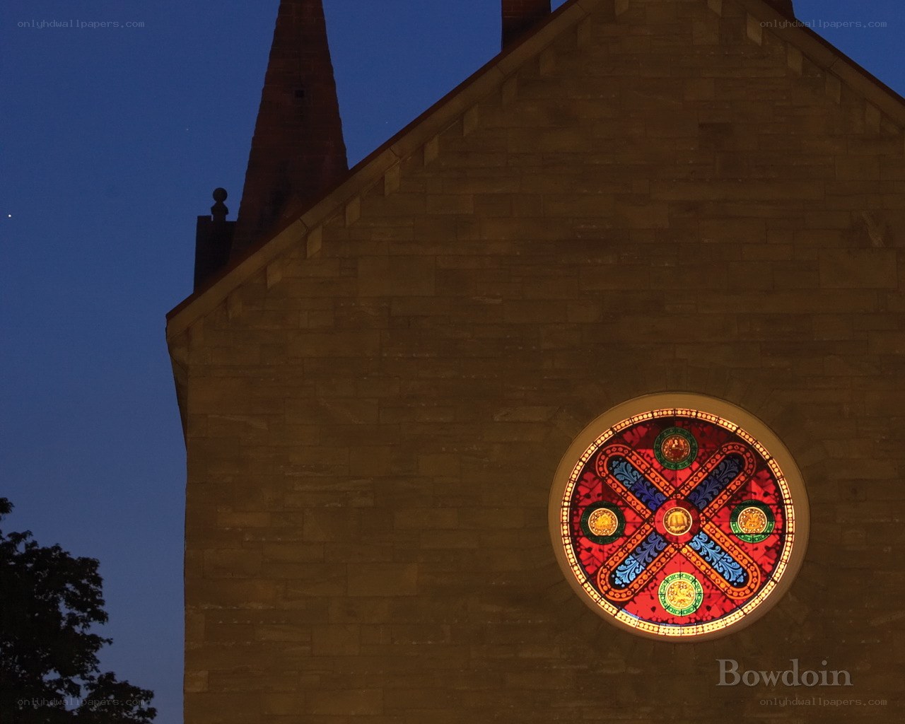 Stained glass window at dusk