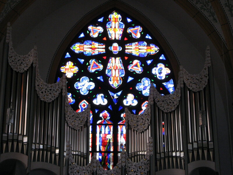 Stained Glass Window — Blue, Serene, Photograph, Organ Pipes