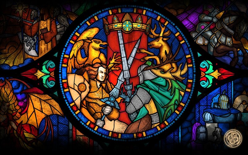 Stained Glass Window Scene — Blue, Dramatic