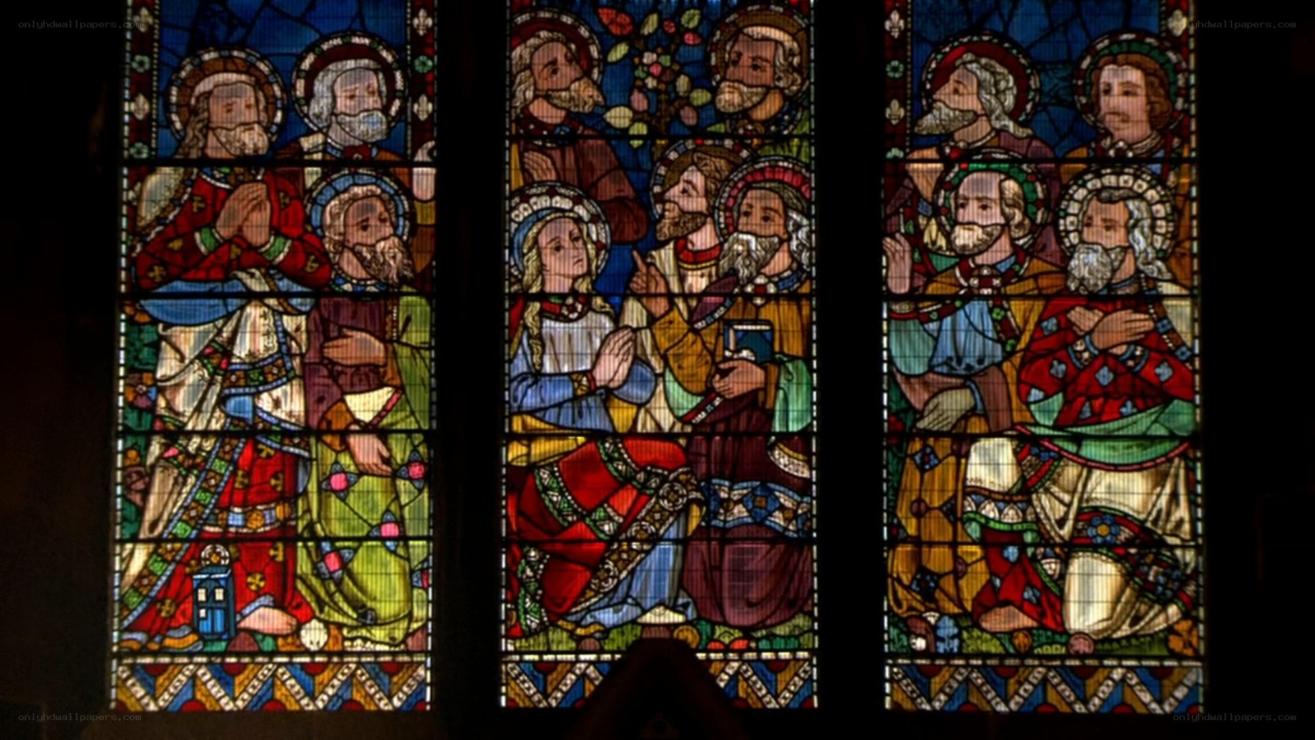 stained glass window with apostles