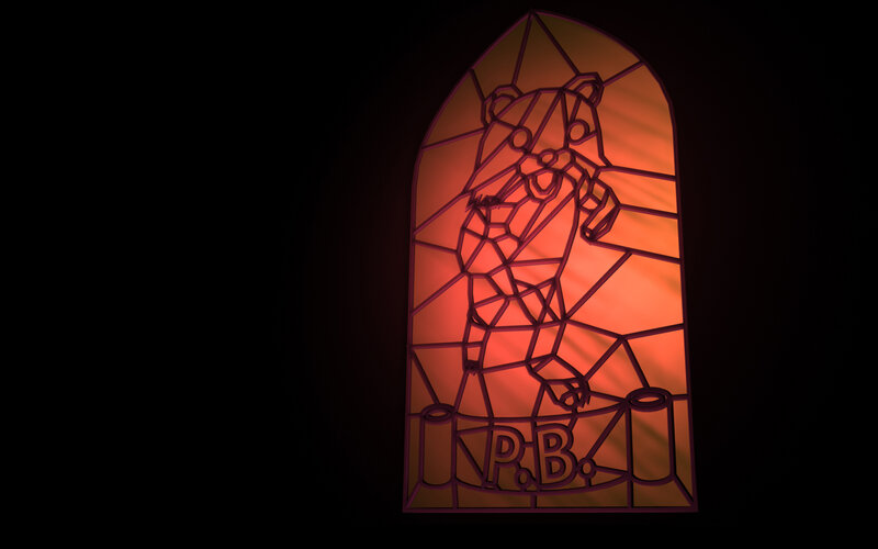 stained glass window with bear design