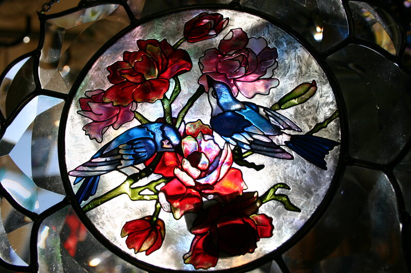 Stained glass with birds and flowers