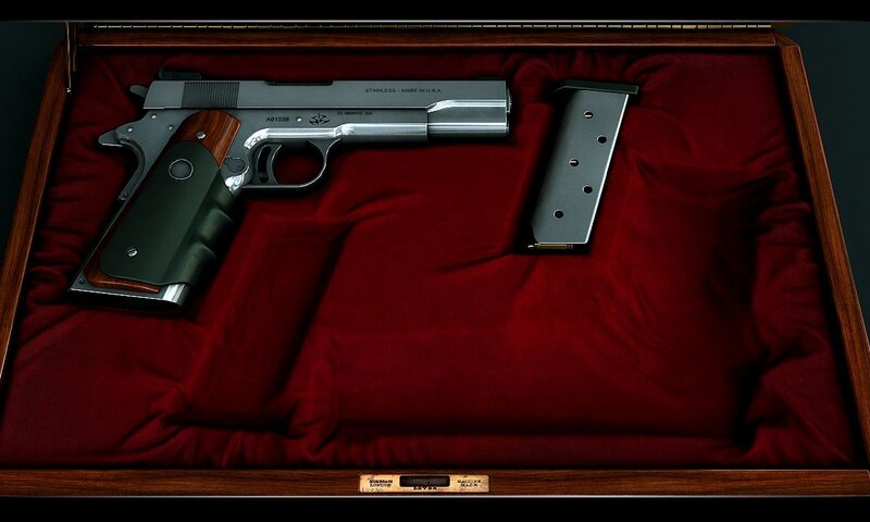 Stainless steel pistol in display case