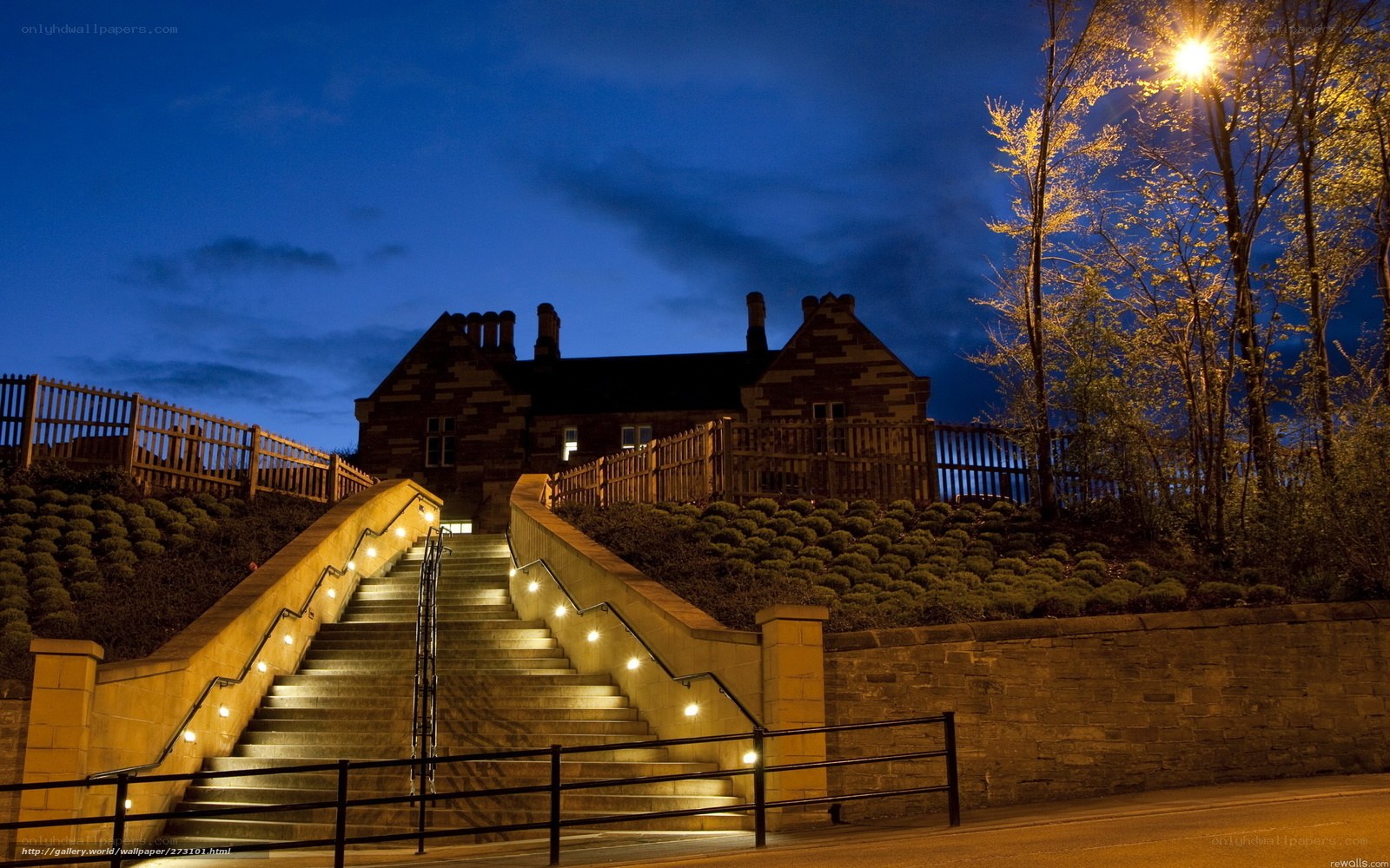Staircase at dusk with building