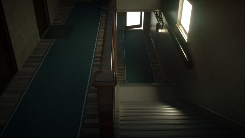 Staircase in Dim Hallway
