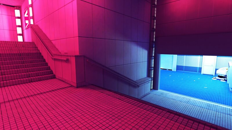 Staircase in Neon-lit Corridor