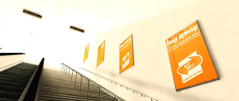 Staircase with orange posters