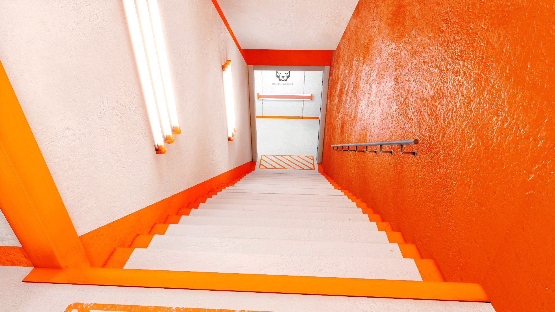 Staircase with orange walls