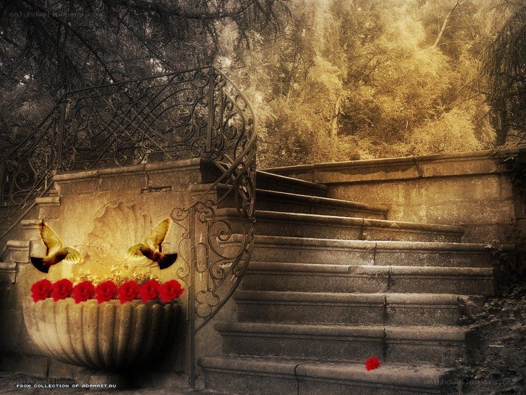 Staircase with roses and birds