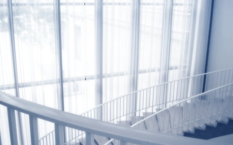 Staircase with Sheer Curtains — White