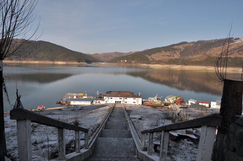 Stairway to a lakeside village