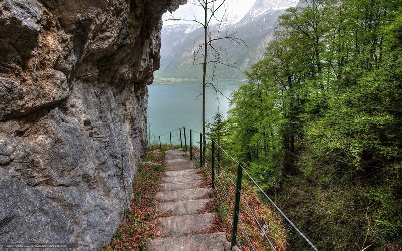Stairway to a mountain lake