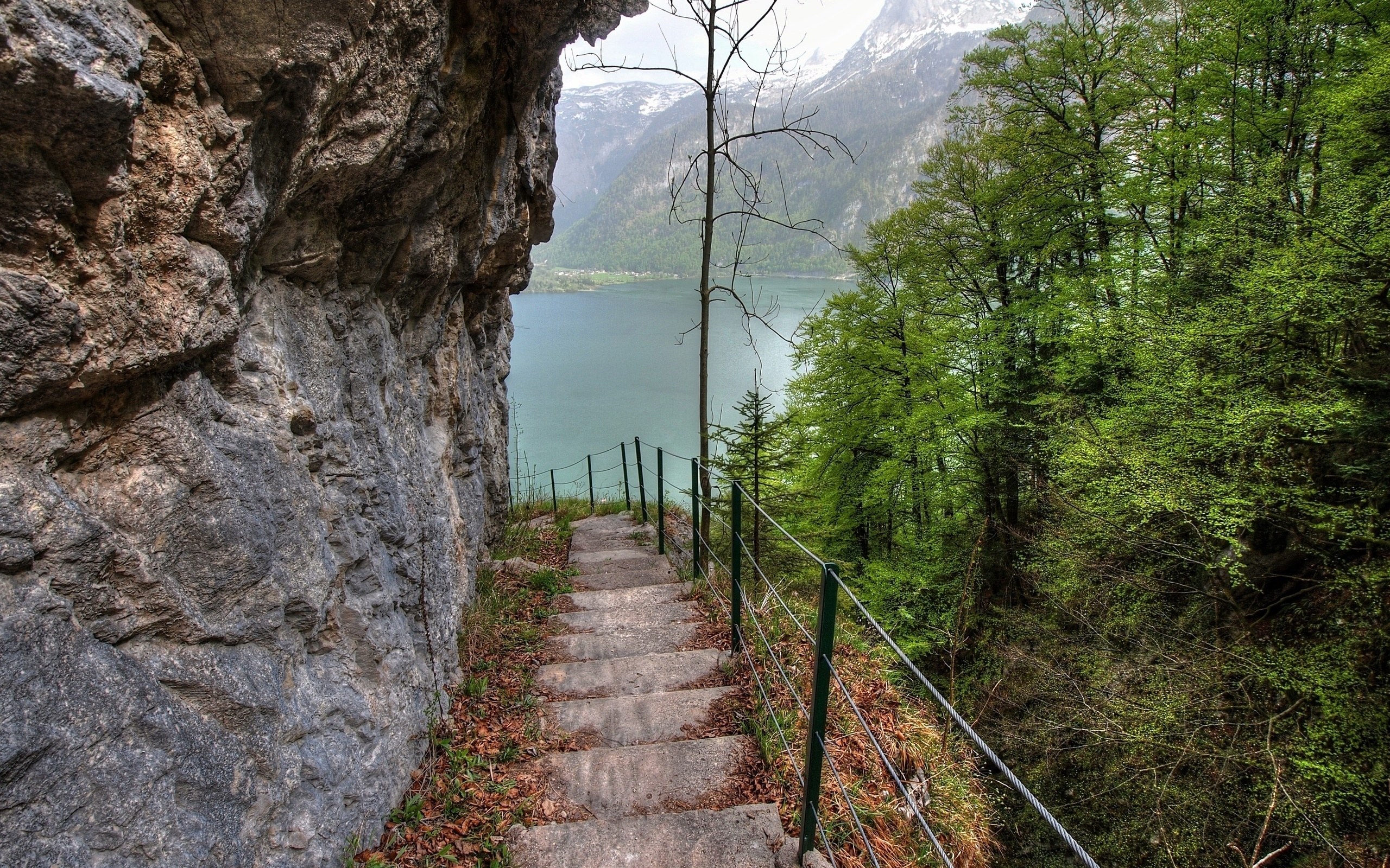 Stairway to a mountain lake