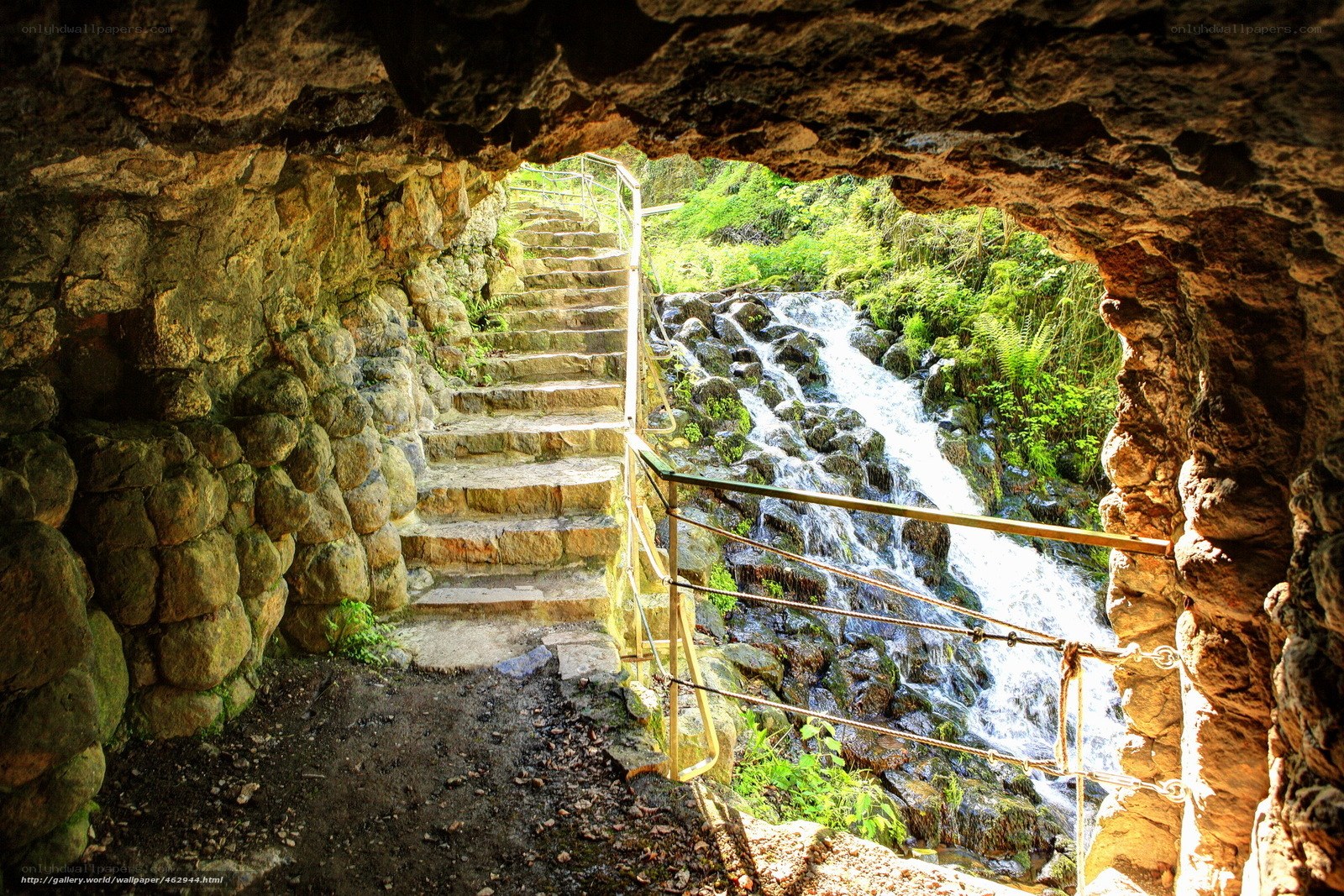 Stairway to a waterfall cave