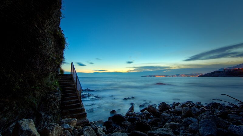 Stairway to the sea at dusk