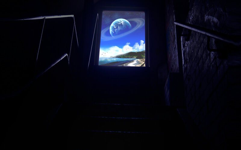 Stairwell with alien planet view