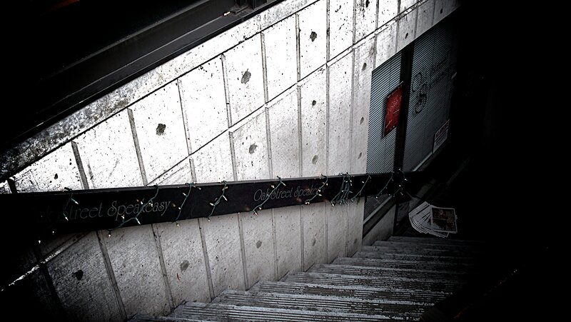 Stairwell with string lights