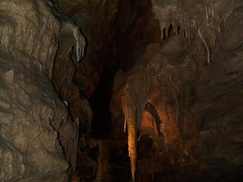 Stalactites and Stalagmites — Brown, Dramatic, Photograph, Cave, Rock Formations, Darkness