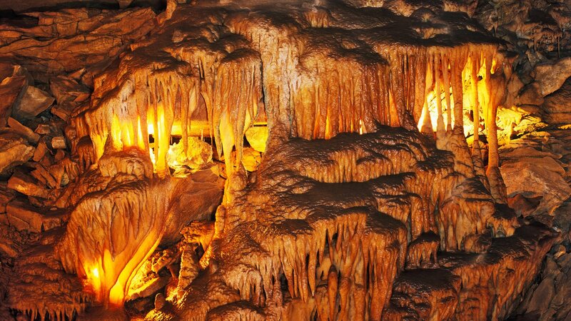 Stalactites and Stalagmites — Brown, Dramatic, Photograph, Cave, Rock Formations