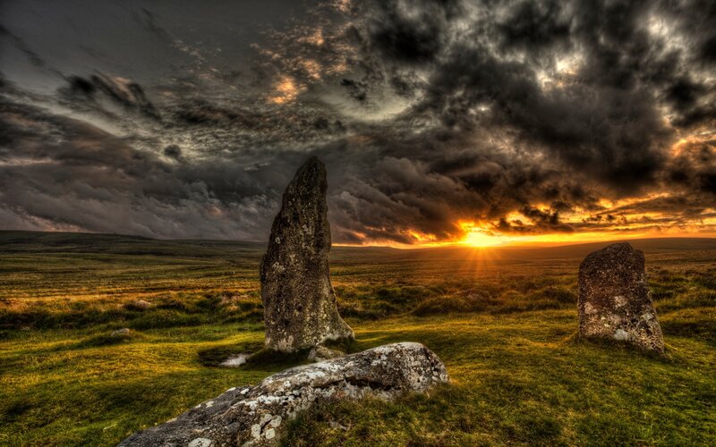Standing Stones at Sunset — Green, Dramatic
