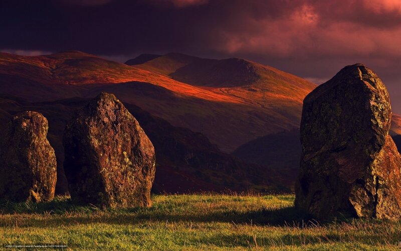 Standing Stones in Field — Red, Dramatic, Sunset