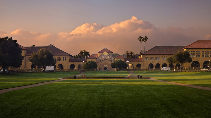 Stanford University campus at sunset