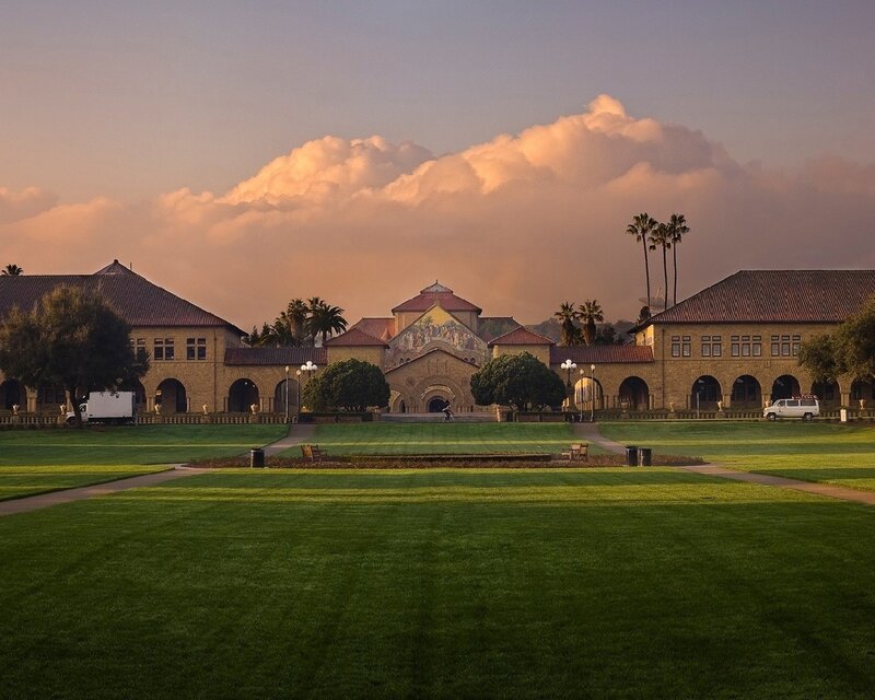 Stanford University campus at sunset