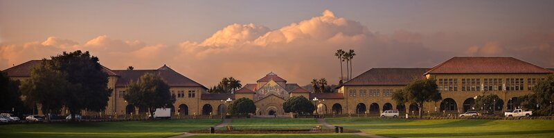 Stanford University Campus — Green, Serene, Sunset, Photograph, Buildings, Trees