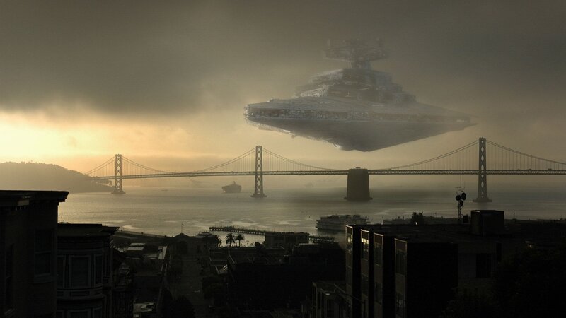 Star Destroyer over Bridge — Gray, Dramatic, Sunset, Digital Art, City, Ship