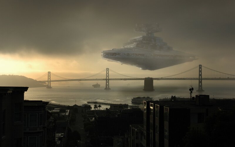 Star Destroyer over Bridge — Gray, Dramatic, Sunset, Digital Art, City