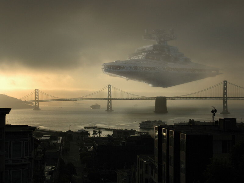 Star Destroyer over Bridge — Gray, Dramatic, Sunset