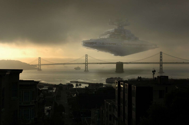 Star Destroyer over City — Gray, Dramatic