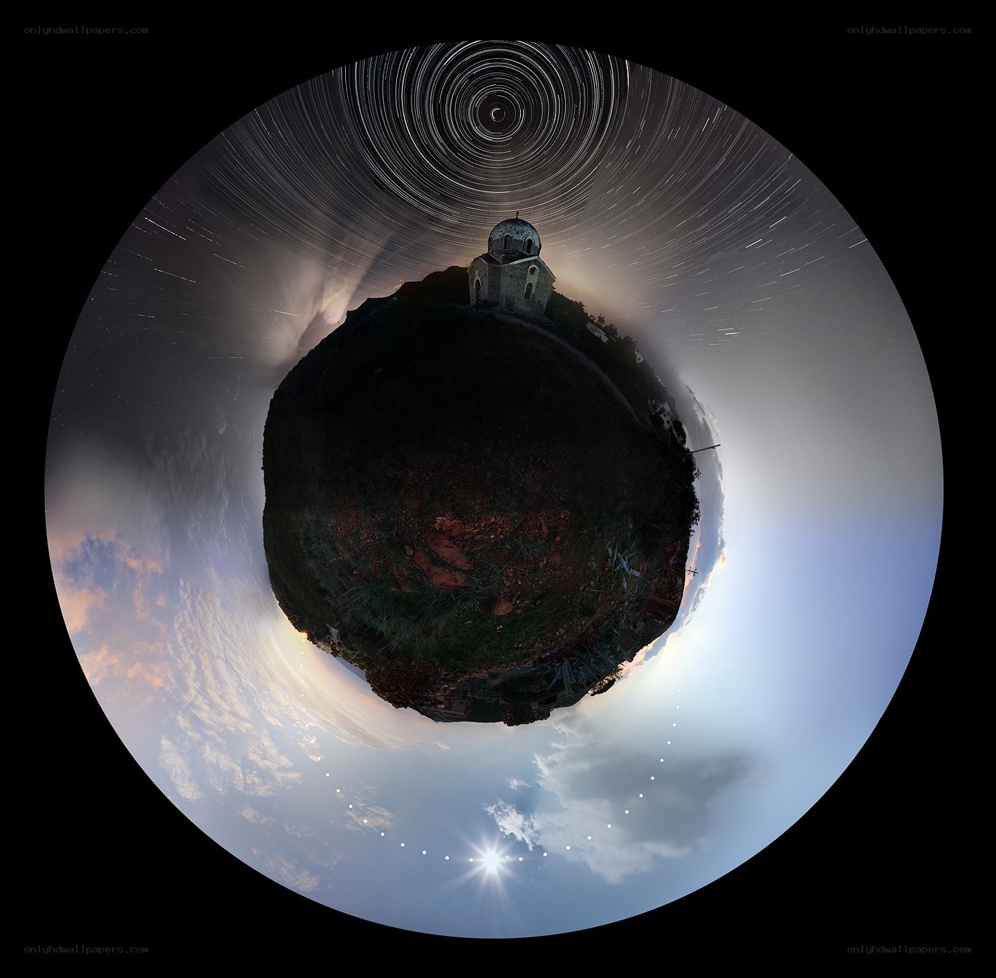 Star trails over a small island