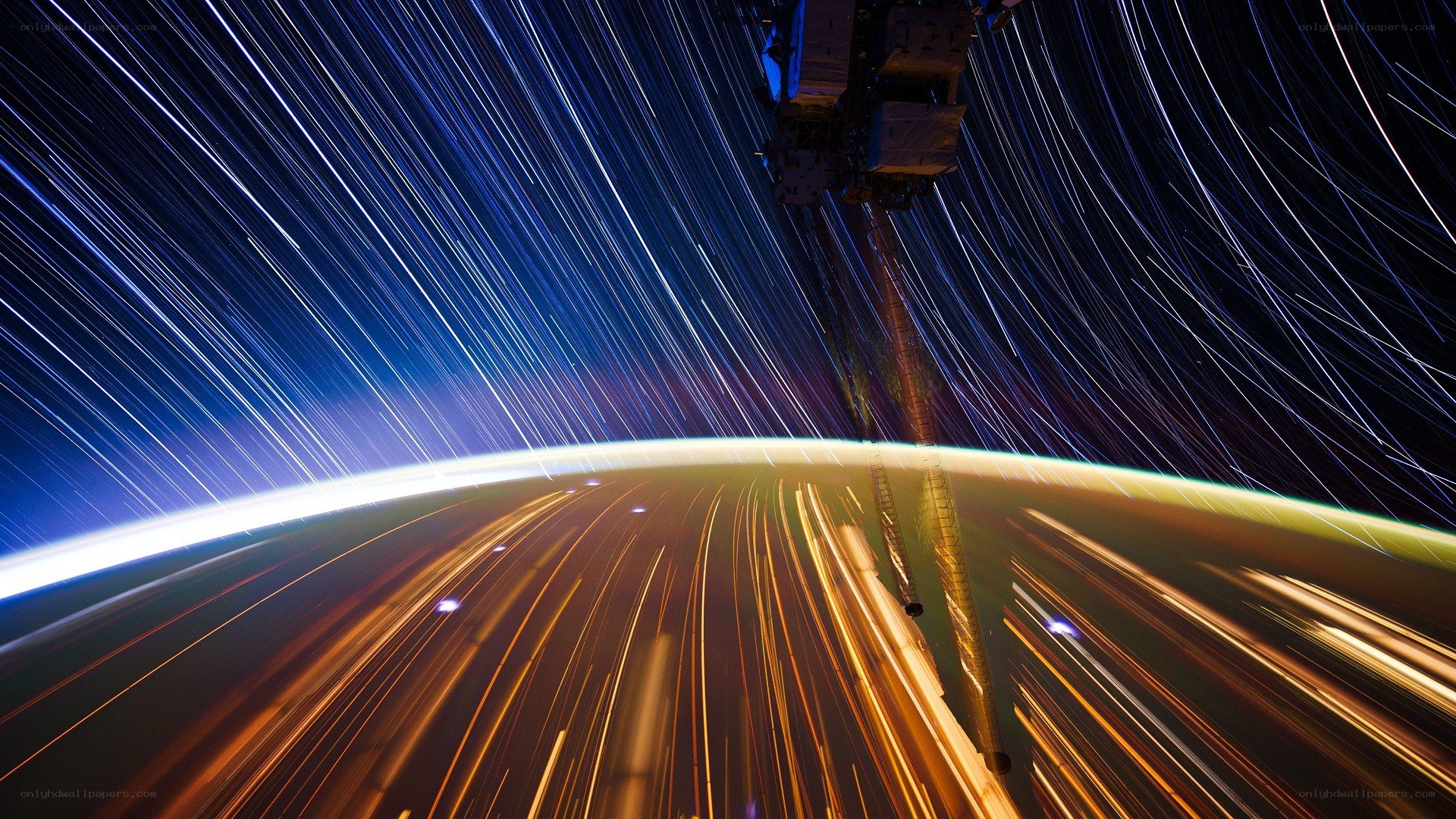 Star trails over Earth from space