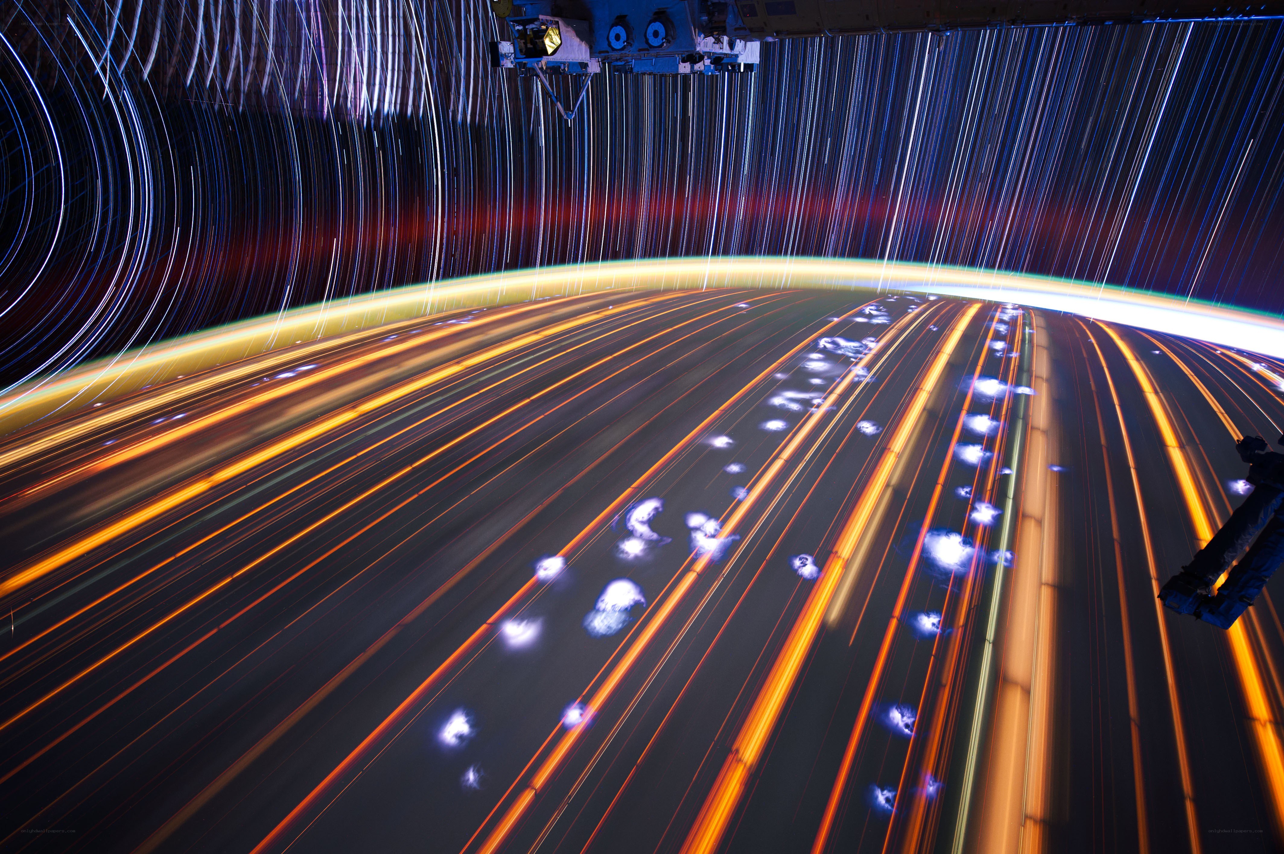Star trails over Earth from space