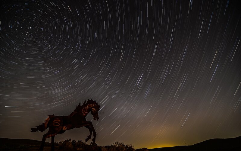 Star trails over horse sculpture