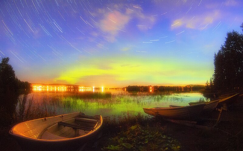 Star Trails over Lake — Blue, Serene, Night, Photograph, Boats