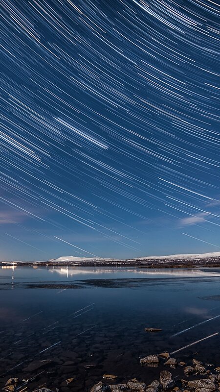 Star Trails over Lake — Blue, Serene, Night, Photograph, Mountain