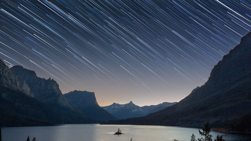 Star Trails over Lake — Blue, Serene, Night, Photograph, Mountains, Island