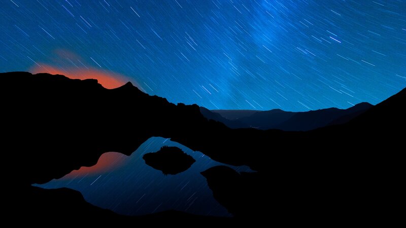 Star Trails over Lake — Blue, Serene, Night, Photograph, Mountains, Stars